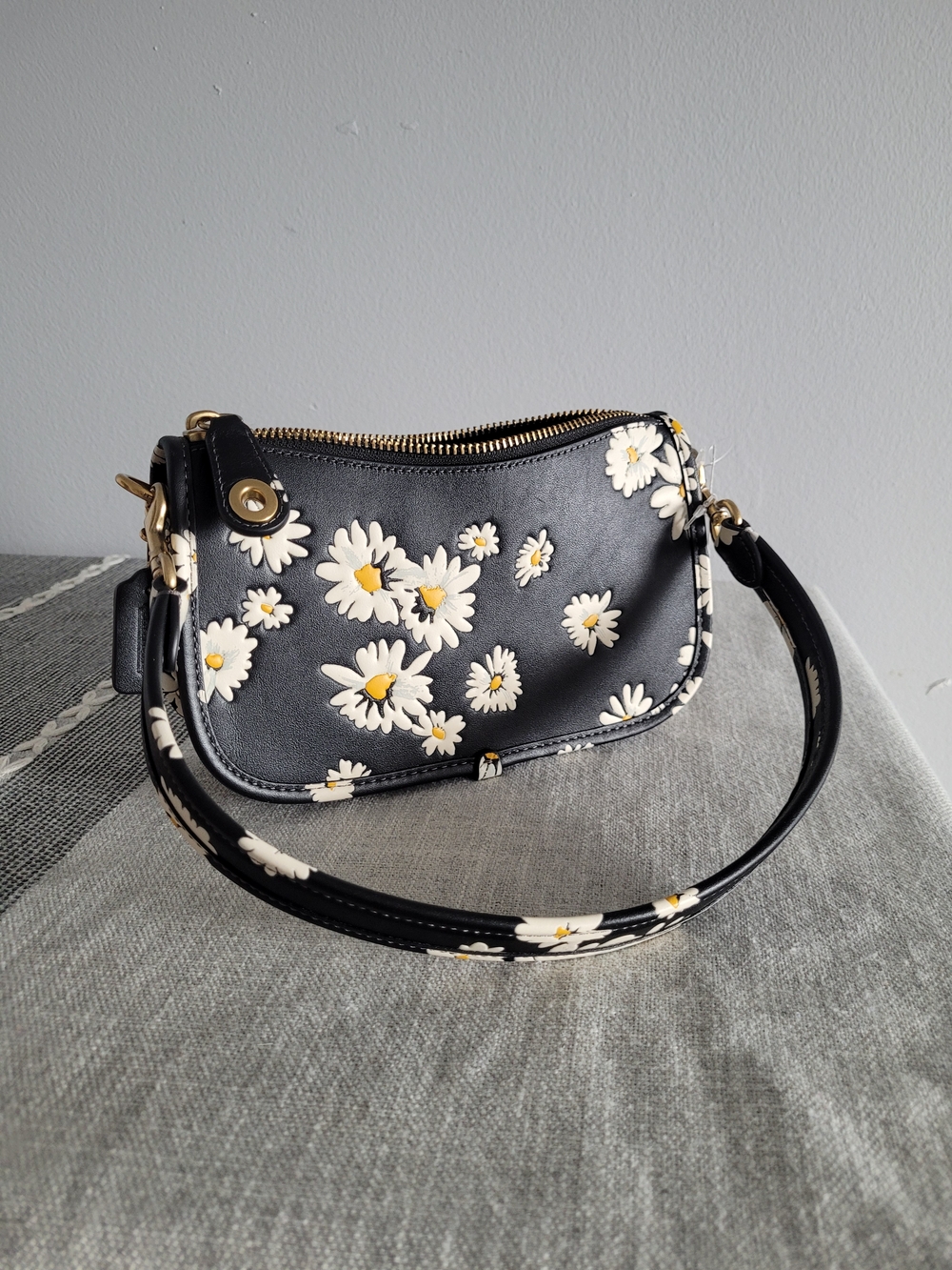 Coach Black Daisy Shoulder Bag with Cream & Yellow Accents